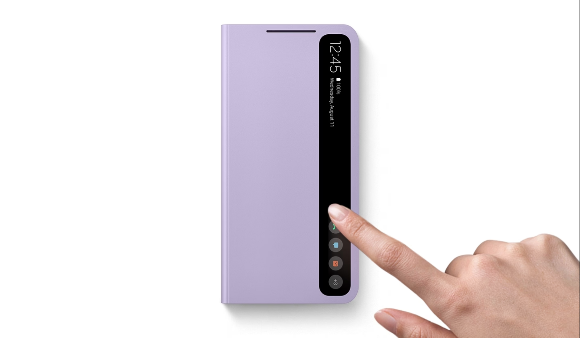 Một bàn tay chạm vào mặt trước của Smart Clear View Cover để điều chỉnh thứ gì đó trên điện thoại mà không cần mở bao.
